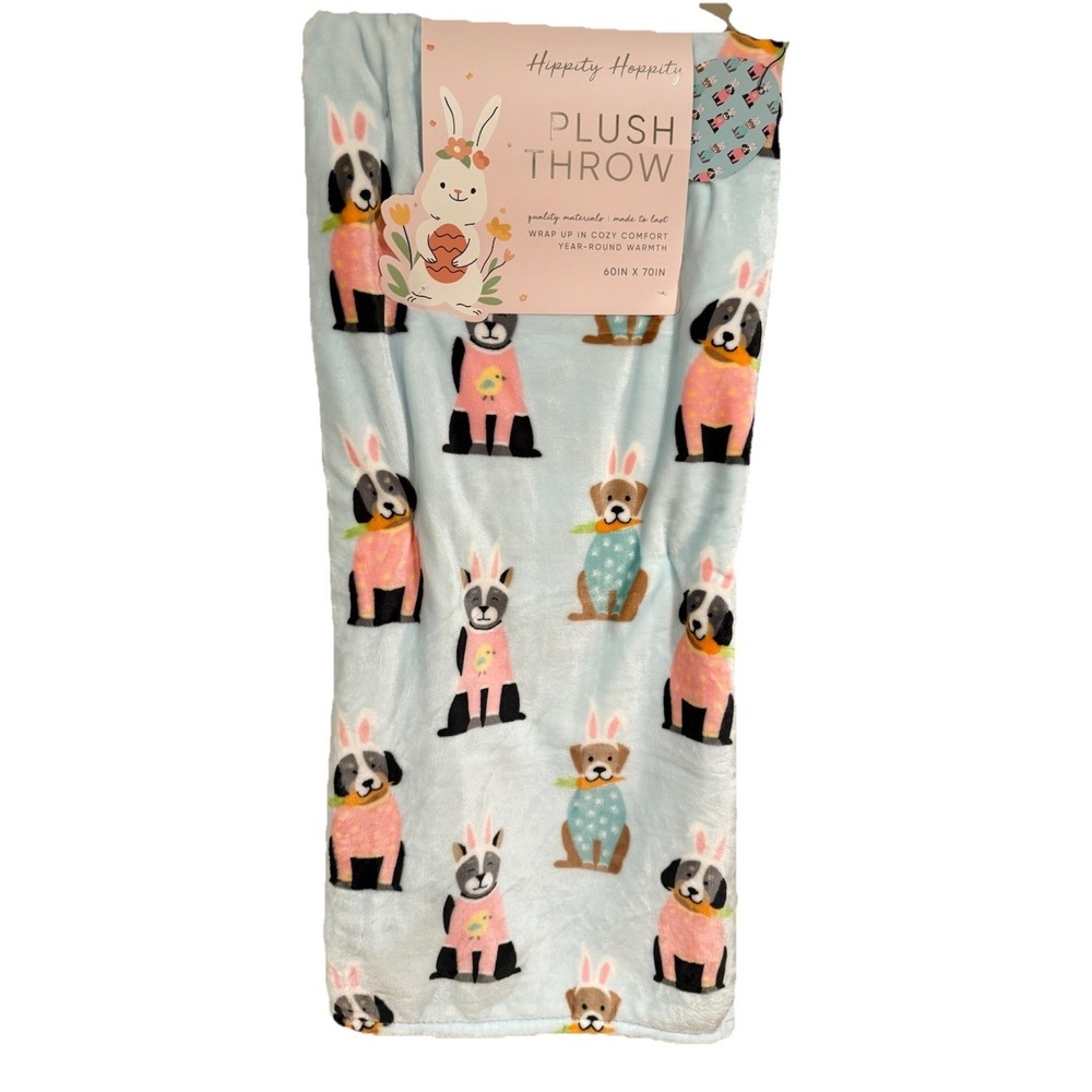 Hippity Hoppity Easter Dogs with Bunny‎ Rabbit Ears plush blanket throw 60x70"